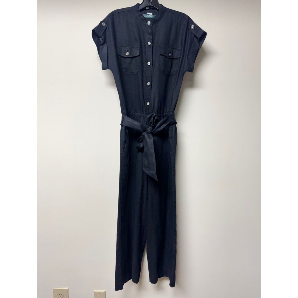 LAUREN RALPH LAUREN 100% Linen Black Jumpsuit, Epaulettes, Silver Buttons, Sz 2